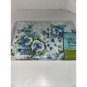 VTG NIP Our Own Twin Flat Sheet Blue Floral No Iron Muslin NOS Retro JC Penny